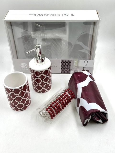 EA SET CORTINA BAÑO TELA+ DISPENSER+GANCHOS