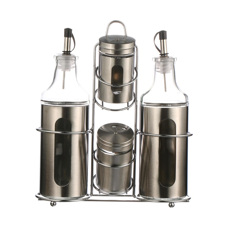 BNB SET ACEITEROS VIDRIO Y ACERO X4 CON ATRIL