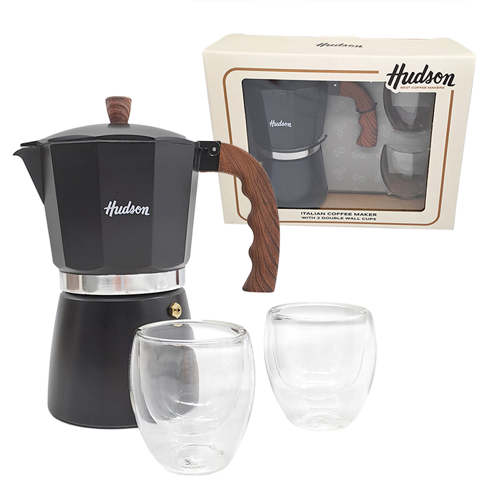 HUDSON SET CAFETERA NEGRA + 2 VASOS TERM