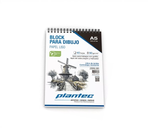 BLOCK DE DIBUJO C/ESPIRAL SUPERIOR PLANTEC A5 90G 40H