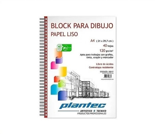 BLOCK DE DIBUJO C/ESPIRAL LATERAL PLANTEC A4 120G BLANCO 40H