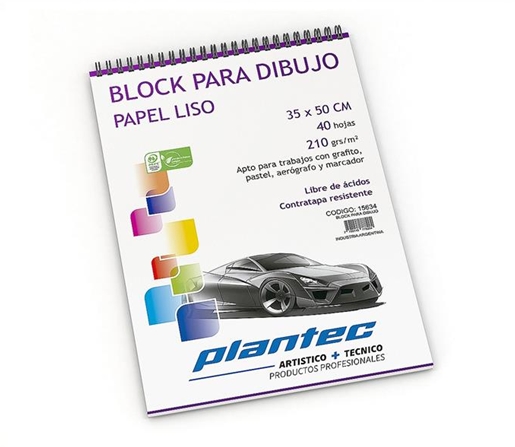 BLOCK DE DIBUJO C/ESPIRAL SUPERIOR PLANTEC 35X50 210G BLANCO 40H
