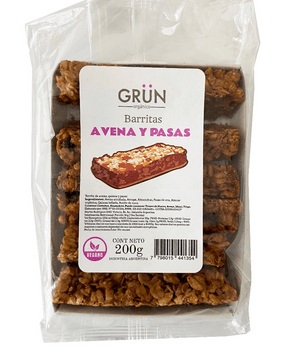 BARRITAS VEGANAS AVENA Y PASAS 200GR GRUN